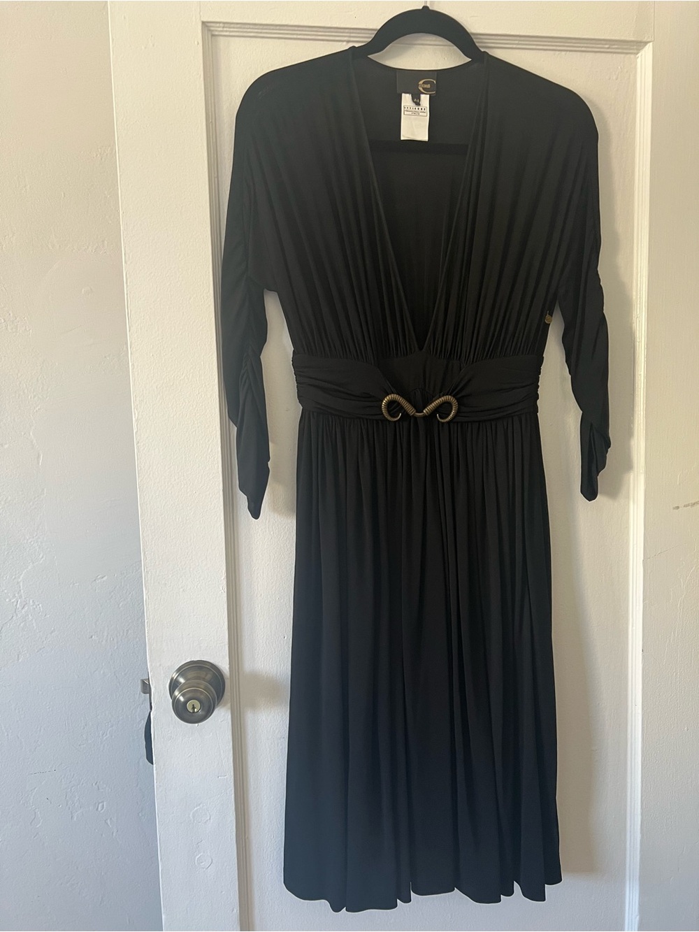 Just Cavalli Black Long-Sleeve V-Neck Dress with Gold Buckle